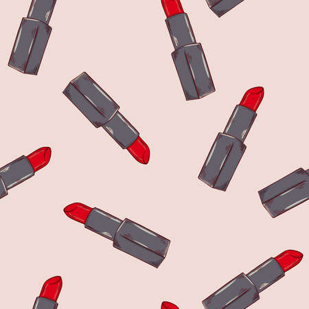 Seamless pattern with red lipsticks on pastel beige background. Hand drawn vector illustration.のイラスト素材