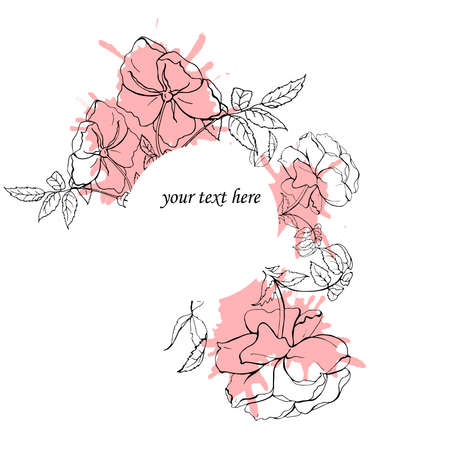 Wild roses drawn by ink on white background with pastel pink backdrops. Window for text. Wedding design. Hand drawn vector illustration.のイラスト素材