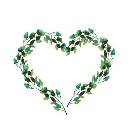 Green branches with leaves forming a heart on white background. Hand drawn watercolor vector illustration.のイラスト素材