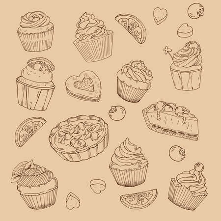 Set of cupcakes, fresh lemon slices and sugar pieces on beige background. Hand drawn vector illustration.のイラスト素材