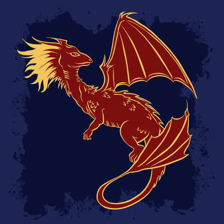 Dragon sketch. Red fairy tale beast on dark blue background.Hand drawn vector illustration.のイラスト素材