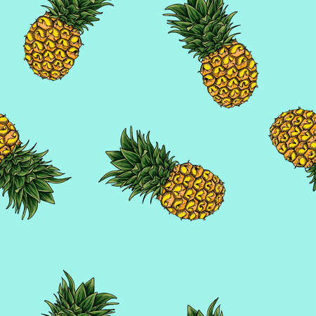 Seamless pattern with fresh bright pineapples on a pastel blue background. Hand drawn vector...