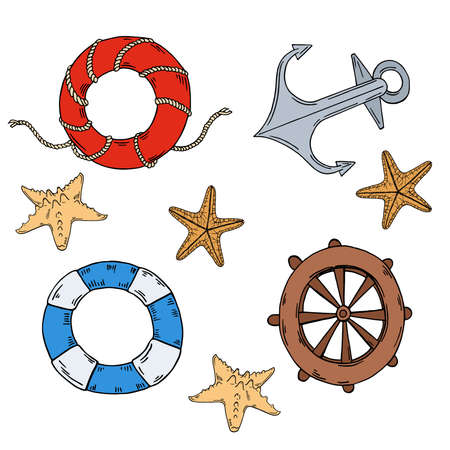 Set of seashells, handwheel, anchor and lifebuoys on white background.Hand drawn vector illustration.のイラスト素材