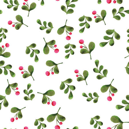 Seamless pattern with pink berries and dark green leaves on white background. Hand drawn watercolor illustration.の写真素材