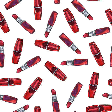Seamless pattern with deep red lipstick on white background. Hand drawn watercolor and ink illustration.の写真素材
