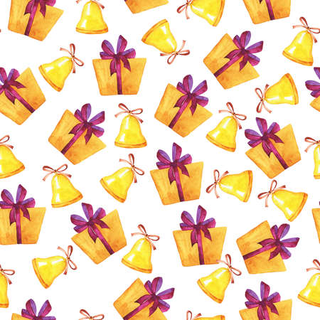Seamless pattern with golden bells and yellow gift boxes with violet bows on white background. Hand...