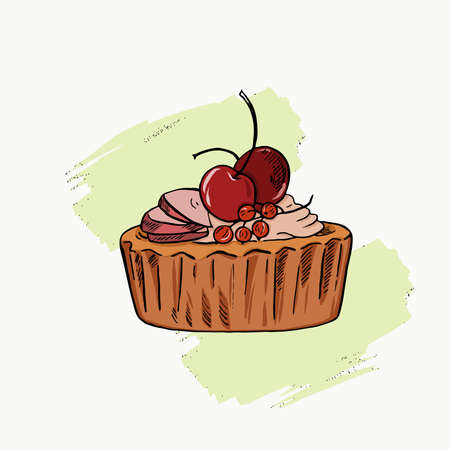 Apple and cherry tart on white background with pastel green brushstroke. Hand drawn vector illustration.のイラスト素材
