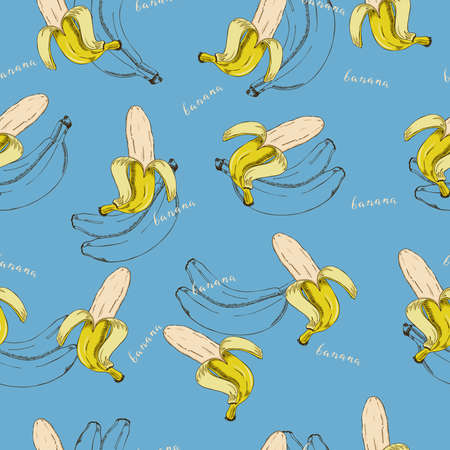 Seamless tropical fruit pattern with bananas and text. Cartoon sketch. Hand drawn vector illustration.のイラスト素材