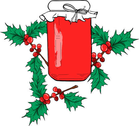 Jar of jelly or jam or marmalade on white background with holly leaf branches. Cartoon sketch drawn by ink. Hand drawn vector illustration.のイラスト素材