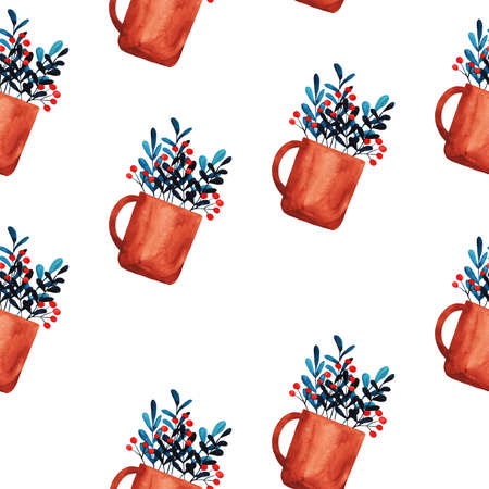 Seamless pattern with cartoon brown mugs and berry herbal tea painted by watercolor. Hand drawn illustration.の写真素材