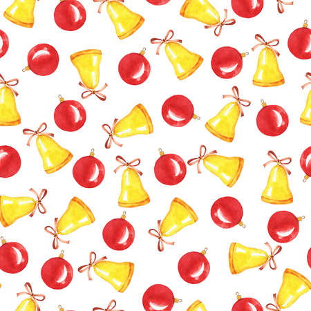 Seamless pattern with golden bells and red christmas balls on white background.の写真素材