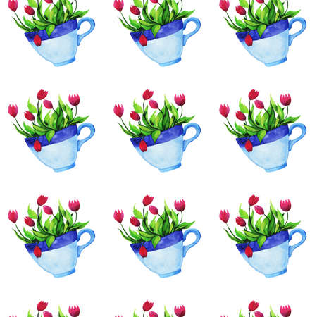 Seamless pattern with blue tea cups with herbal drink painted by watercolor. Hand drawn illustration.の写真素材