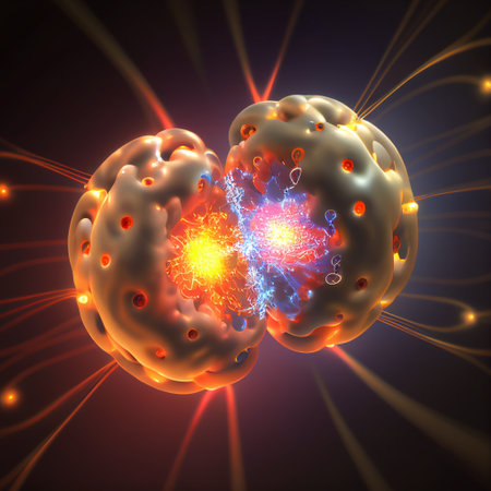Subatomic particle collision illustration. Nuclear fusion concept. Generative AI.の素材
