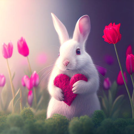 Valentine's Day White rabbit holding heart on background with tulips. Generative AI.の素材