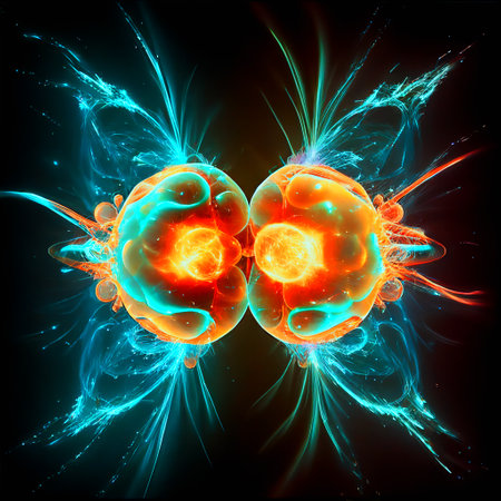 Subatomic particle collision illustration. Nuclear fusion concept. Generative AI.の素材