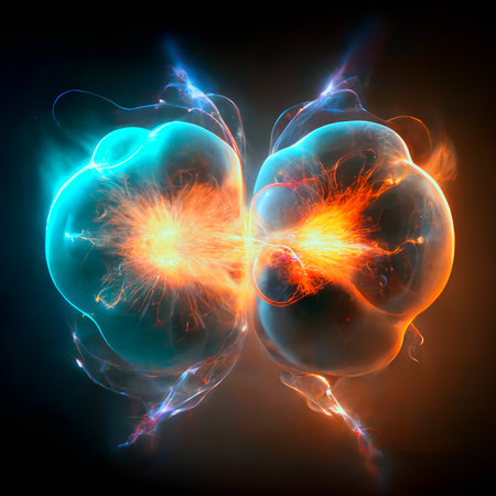 Subatomic particle collision illustration. Nuclear fusion concept. Generative AI.の素材