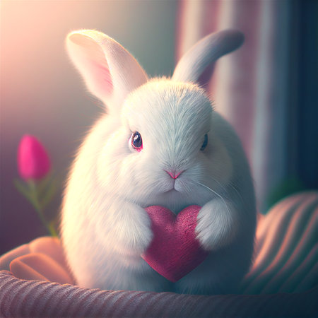 Valentine's Day Cute white rabbit holding heart. Generative AI.の素材