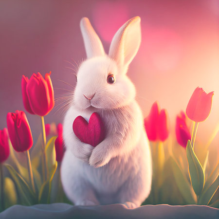 Valentine's Day White rabbit holding heart on background with tulips. Generative AI.の素材