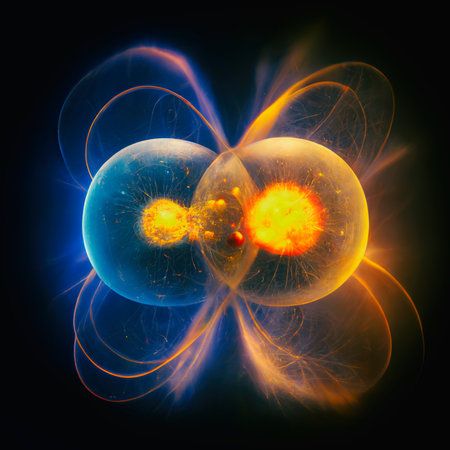 Subatomic particle collision illustration. Nuclear fusion concept. Generative AI.の素材