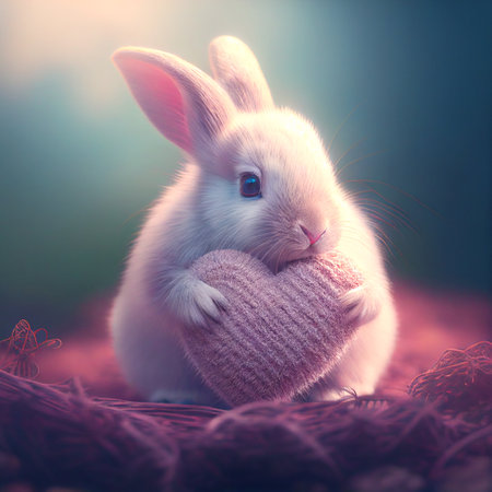 Valentine's Day White rabbit holding pink heart. Generative AI.の素材