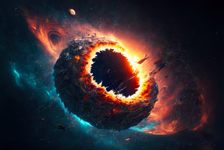 Strange physics of distant worlds in universe. Collapse of 4d space in 3d. Generative AI.の素材