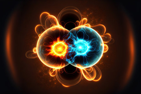 Subatomic particle collision illustration. Nuclear fusion concept. Generative AI.の素材
