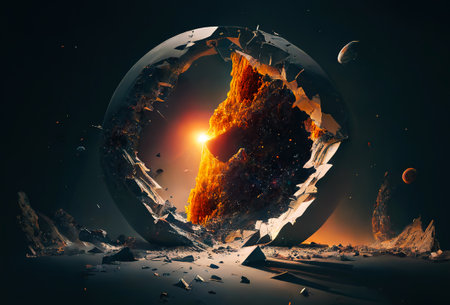 Strange physics of distant worlds in universe. Collapse of 4d space in 3d. Generative AI.の素材
