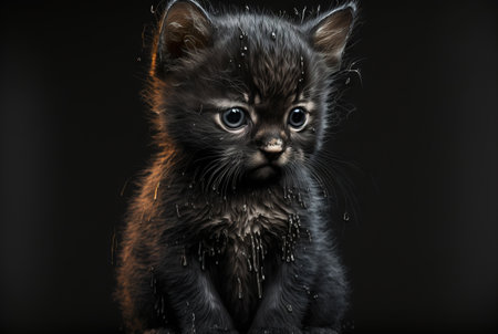 Sad black dirty kitten on black background. Homeless animals concept. Generative AI.の素材