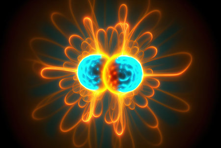 Subatomic particle collision illustration. Nuclear fusion concept. Generative AI.の素材