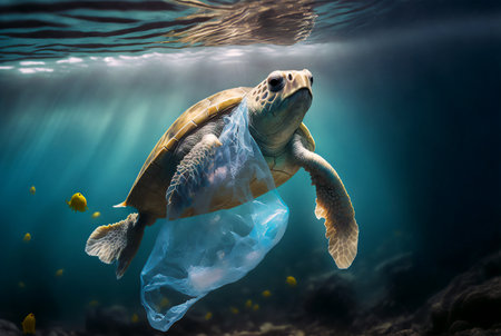 Turtle with a plastic bag. Ocean plastic pollution concept. Generative AI.の素材