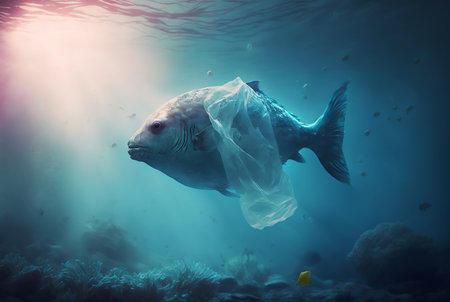 Fish with a plastic bag. Ocean plastic pollution concept. Generative AI.の素材