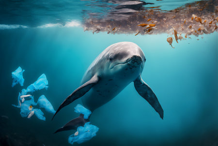 Dolphin with a plastic bag. Ocean plastic pollution concept. Generative AI.の素材