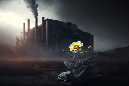Flower grow on polluted soil. Heavy industry landscape with chimneys, smoke on the background. Generative AI.の素材