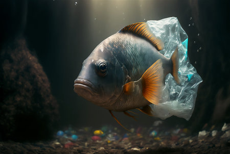 Fish with a plastic bag. Ocean plastic pollution concept. Generative AI.の素材
