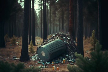 Forest damaged with garbage. Pollution concept. Generative AI.の素材
