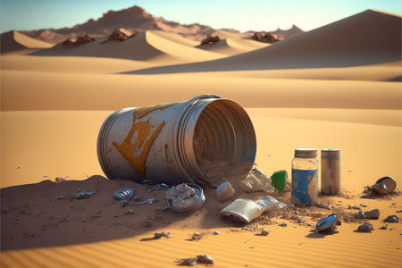 Desert sands with trash. Pollution concept. Generative AI.の素材