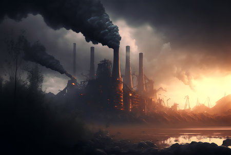 Heavy industry landscape with chimneys, smoke, pollution. Ecology concept. Generative AI.の素材
