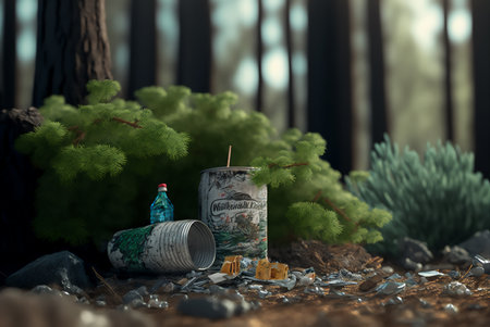 Forest damaged with garbage. Pollution concept. Generative AI.の素材