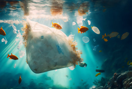 Plastic bags and other trash floats in water. Ocean plastic pollution concept. Generative AI.の素材