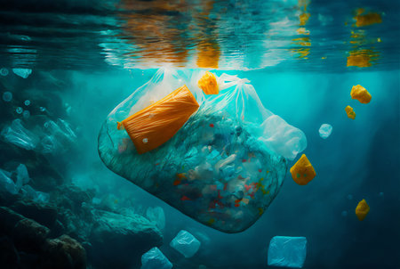 Plastic bags and other trash floats in water. Ocean plastic pollution concept. Generative AI.の素材