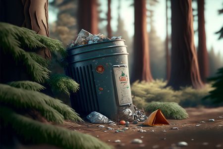 Forest damaged with garbage. Pollution concept. Generative AI.の素材