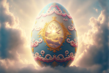 Ornate Easter egg with light rays from behind fly in clouds. Religion concept. Generative AI.の素材