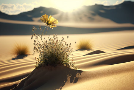 Alone flower grow in desert. Ecology concept. Strength of life. Generative Ai.の素材