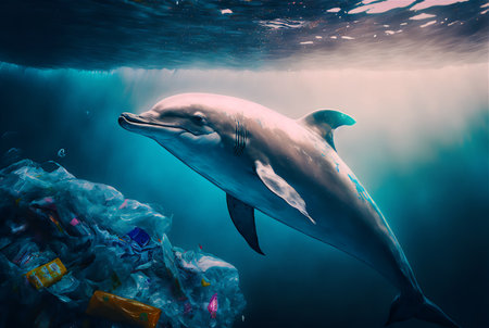 Dolphin with a plastic bag. Ocean plastic pollution concept. Generative AI.の素材
