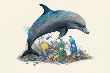 Dolphin over the garbage. Ocean plastic pollution concept. Generative AI.の素材