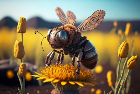 Robot bee on a flower collecting honey and pollinate. Technology concept. Post Apocalyptic. Generative AI .の素材