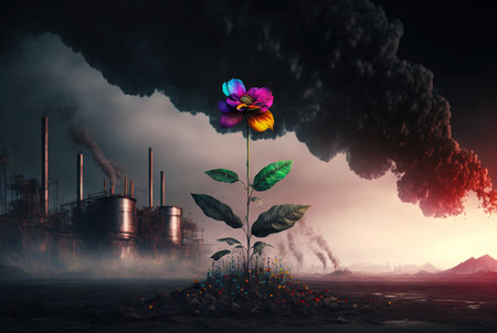 Flower grow on polluted soil. Heavy industry landscape with chimneys, smoke on the background. Generative AI.の素材