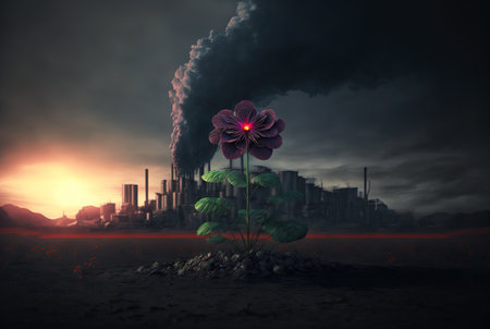 Flower grow on polluted soil. Heavy industry landscape with chimneys, smoke on the background. Generative AI.の素材