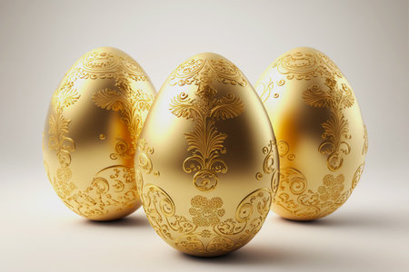 Golden ornate Easter eggs on uniform background. Stylish Easter concept. Generative AI.の素材