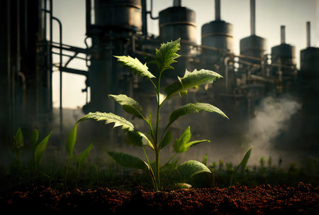 Green sprout in heavy industry polluted area. Concept of strength of life Generative AI.の素材